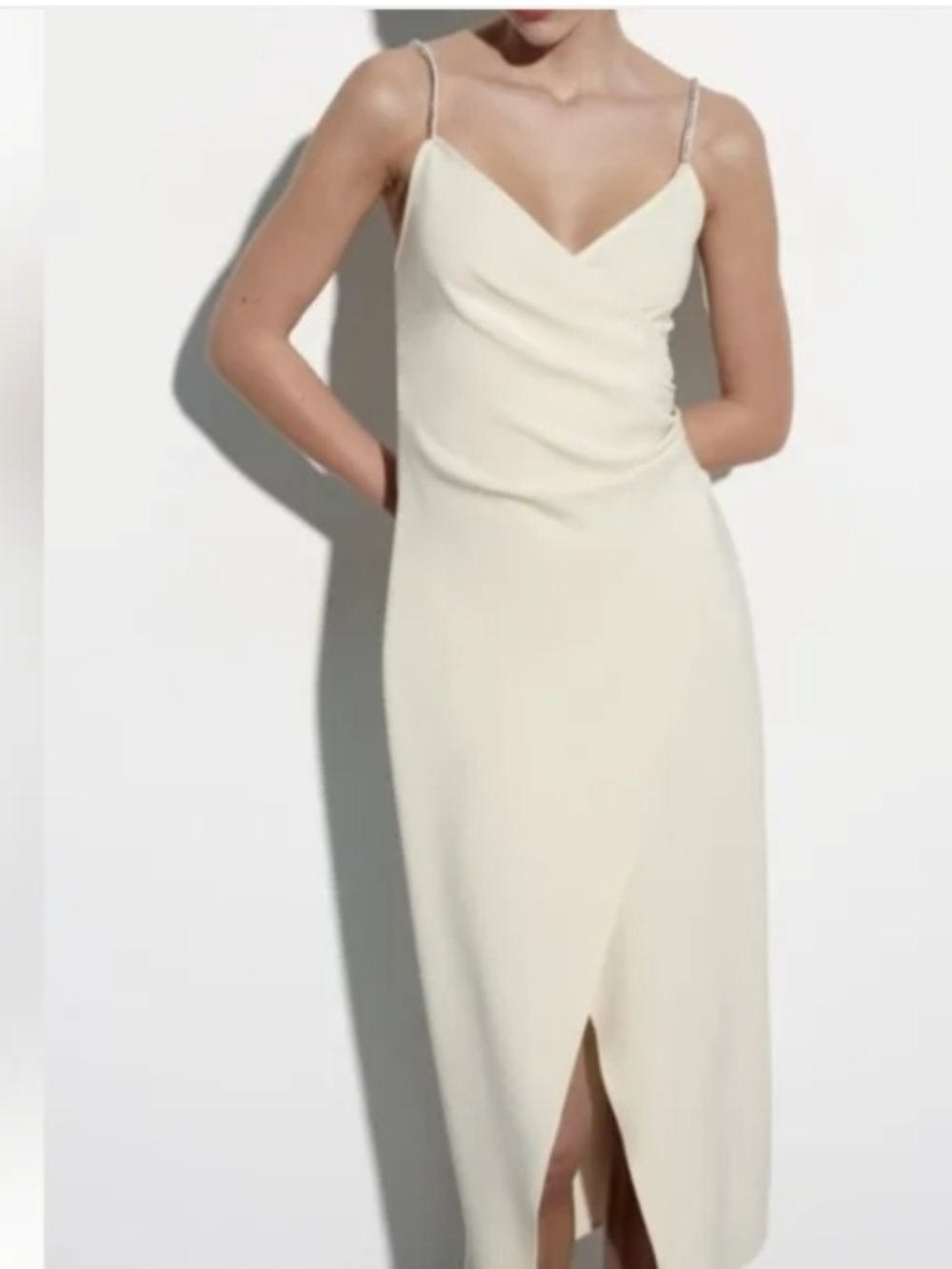 Zara Cream Slip Midi Dress with Rhinestone Spaghetti Straps